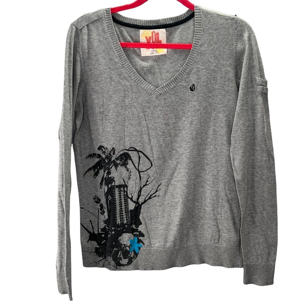 Volcom Somebodys Babe Sweater size XL Women Gray V Neck 100% Cotton
